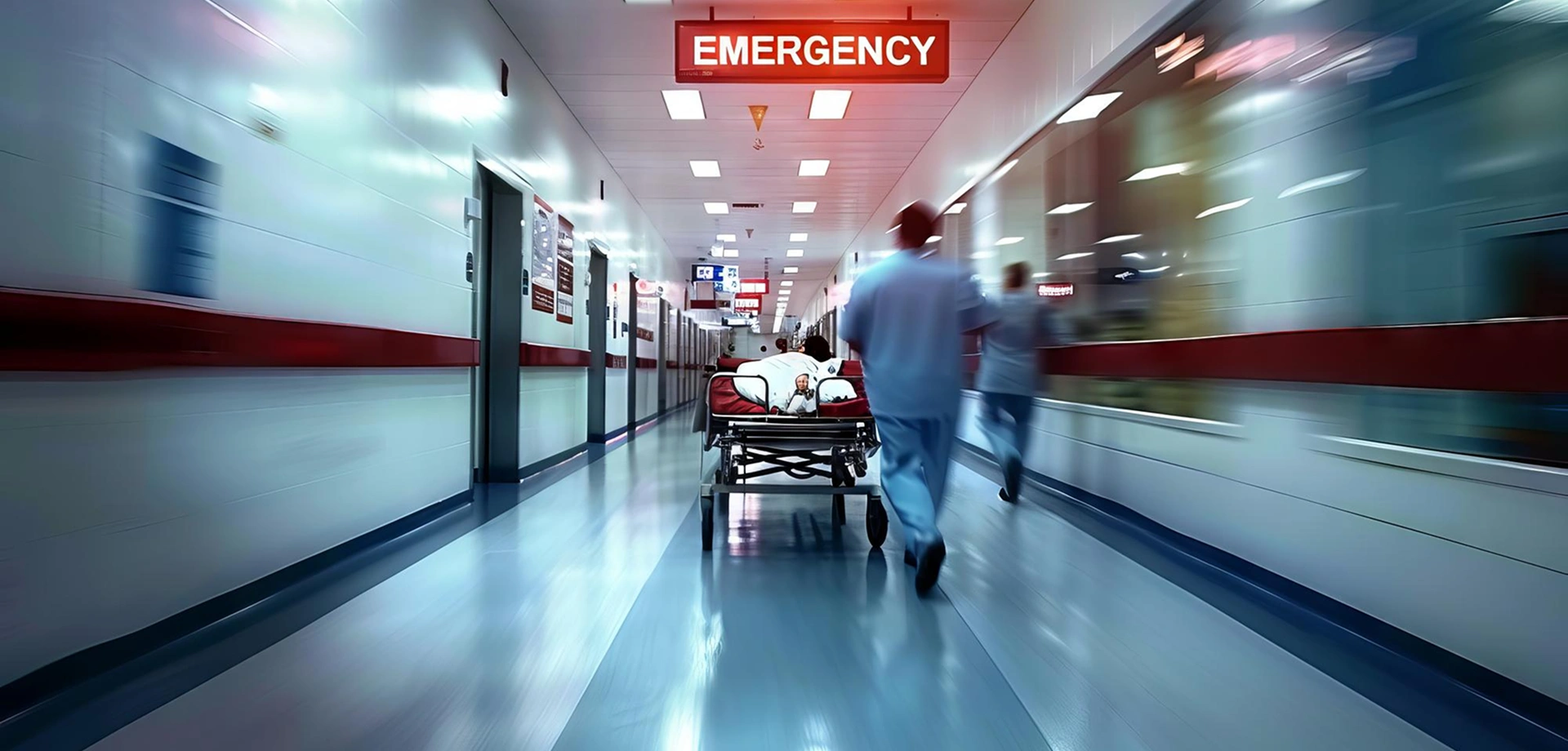 A doctor and two nurses urgently wheel a patient on a gurney through a hospital corridor.