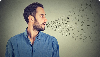 Man speaking with illustrated letters flowing out of his mouth, symbolizing  speech disorder.