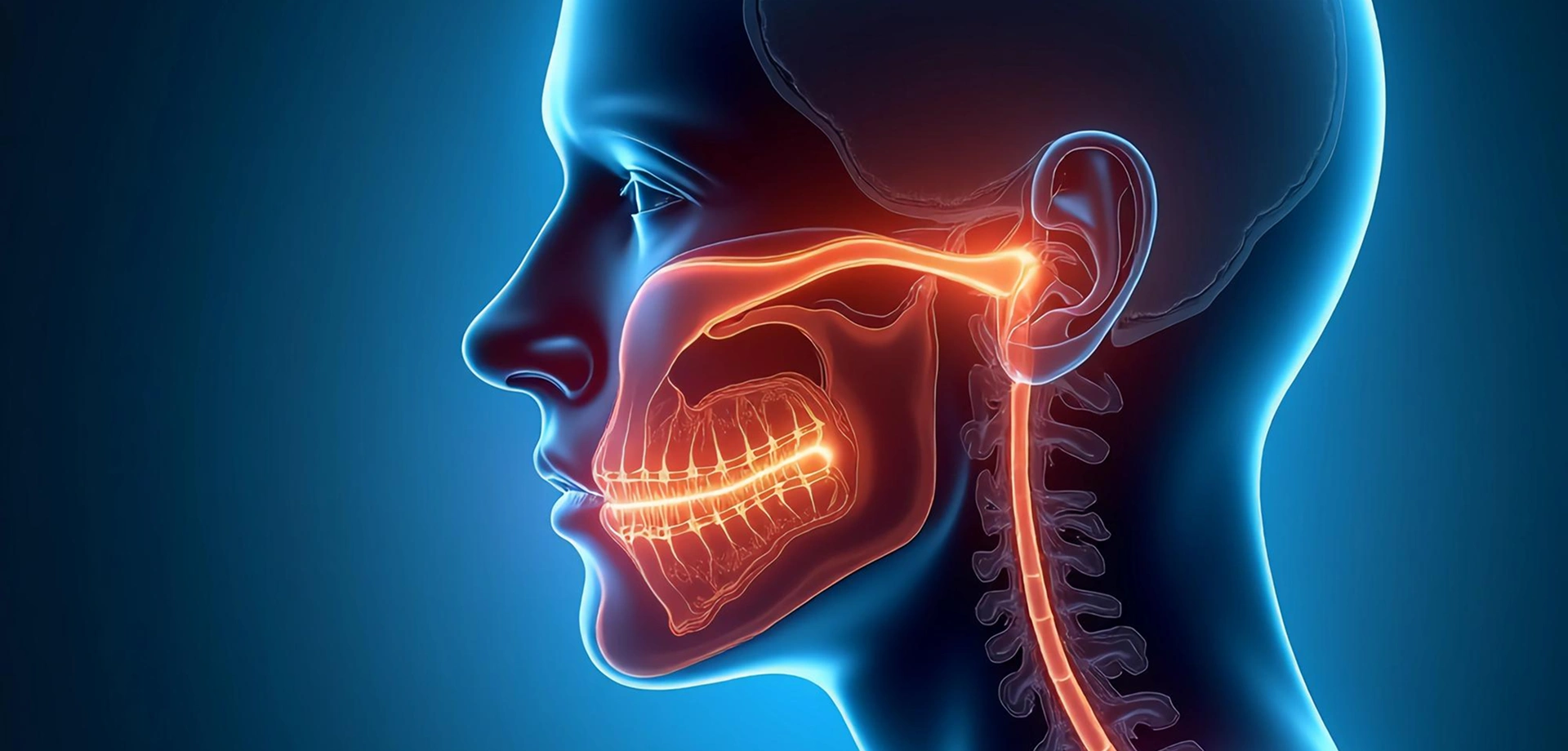 A medical professional in blue gloves points a pen toward the ear canal of an anatomical human ear model.