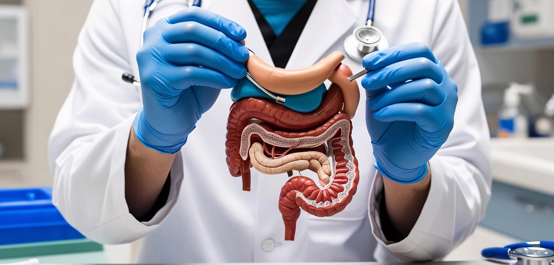 A doctor holding a large intestine anatomical model during a consultation.