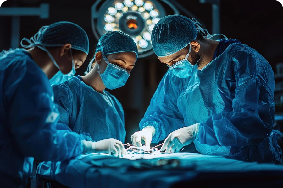 Surgeons performing an operation in an operating room.