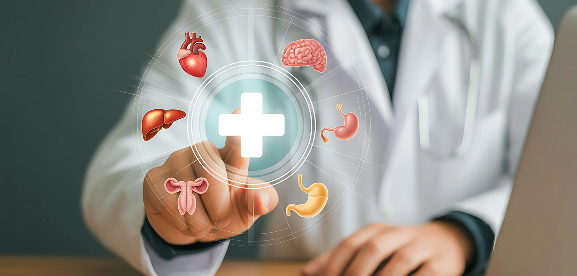 Internal medicine doctor presenting digital icons of healthcare services, diagnostics, and medical technology