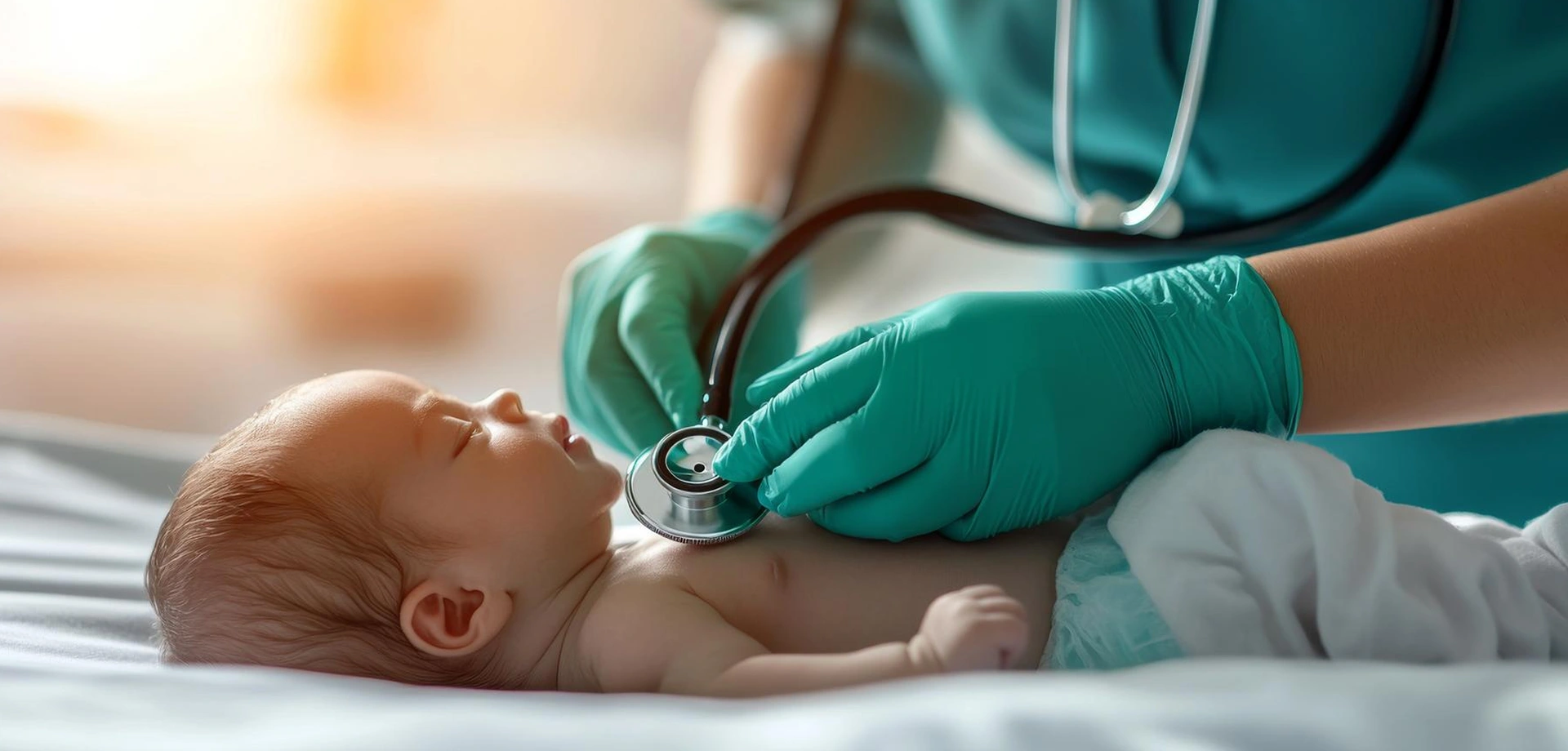 A doctor examining a baby with a stethoscope on an examination table.