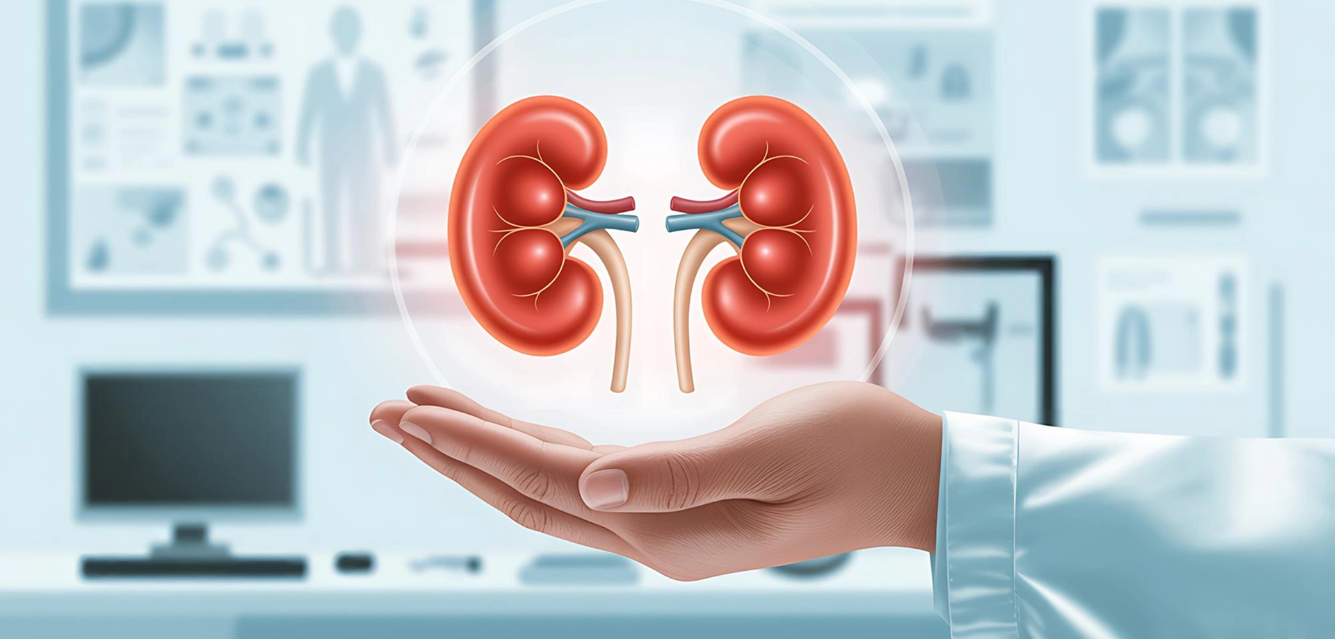 Doctor wearing a lab coat and blue gloves holds a digital 3D hologram of human kidneys, surrounded by medical data graphics