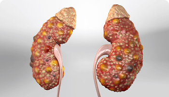3D rendering of diseased kidneys with numerous cysts or growths, indicating a condition such as polycystic kidney disease or severe kidney damage