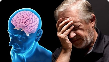 Elderly man with brain illustration