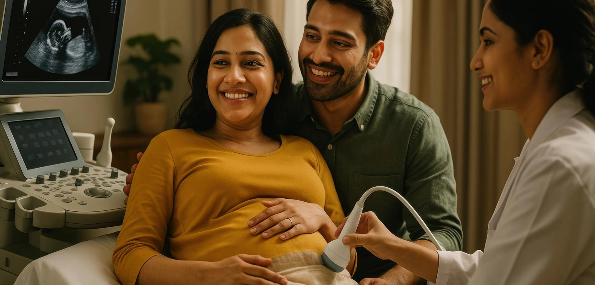 A smiling pregnant woman and her partner during an ultrasound appointment with a doctor.