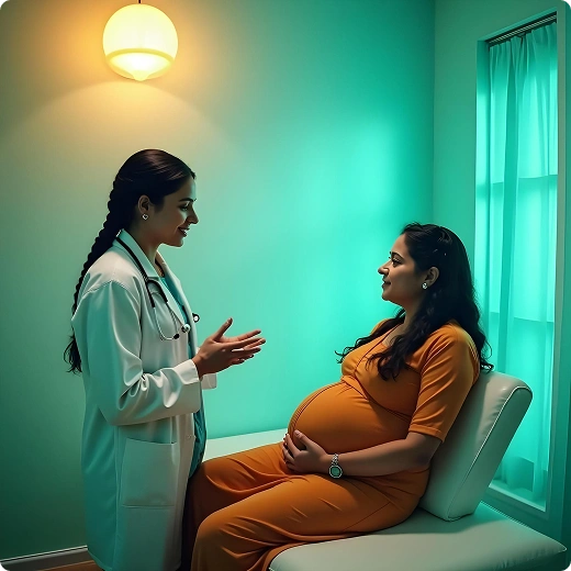 A doctor consulting with a pregnant patient in a clinic.