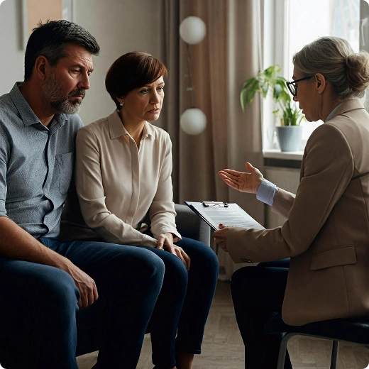 A couple listening attentively to a counselor or doctor during a consultation.