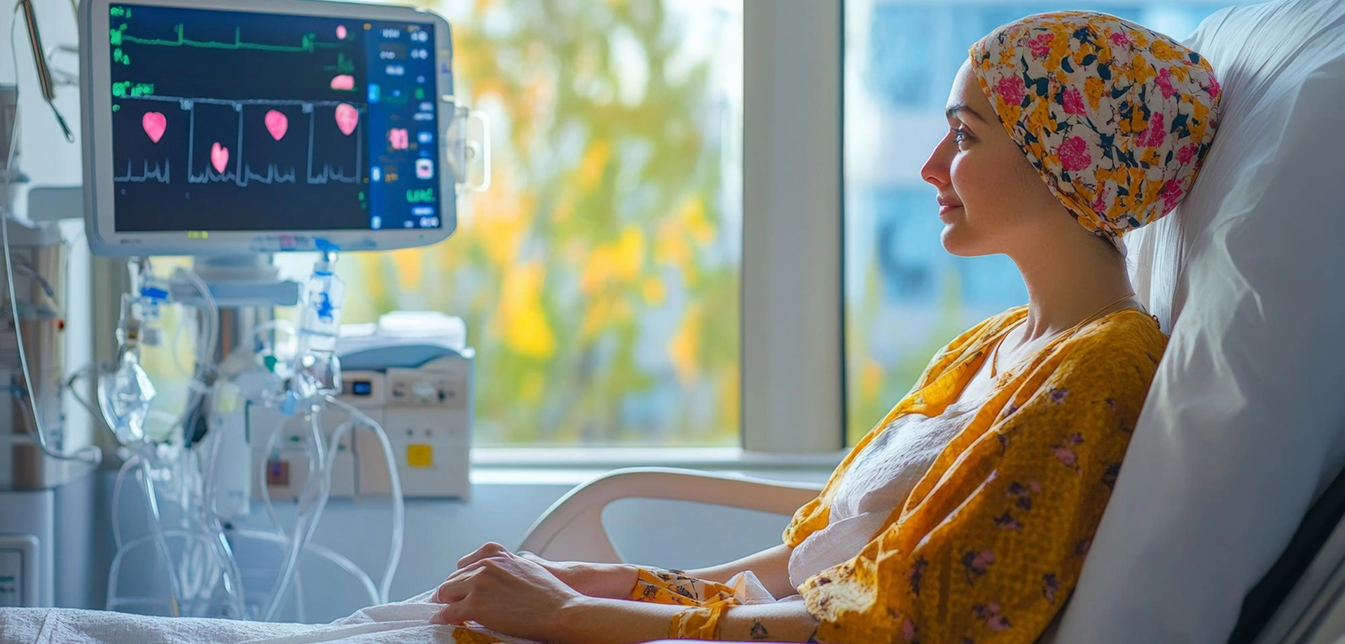 A cancer patient wearing a head scarf surrounded by a digital illustration of cancer cells.