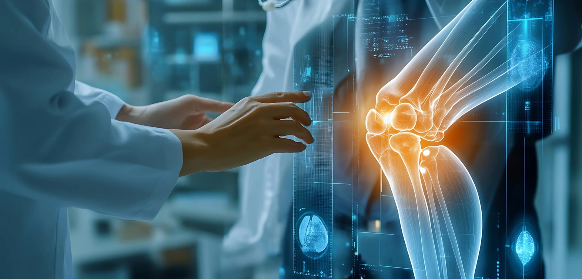 3D medical illustration of the human skeletal system shown from front and side views with highlighted areas.