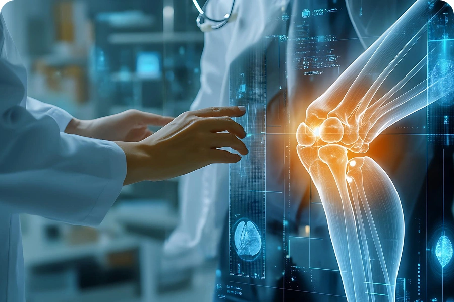 3D medical illustration of the human skeletal system shown from front and side views with highlighted areas.