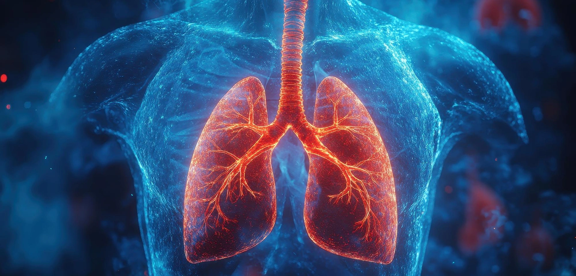 A doctor holding a transparent digital screen displaying a detailed 3D visualization of human lungs with highlighted neural or bronchial pathways.