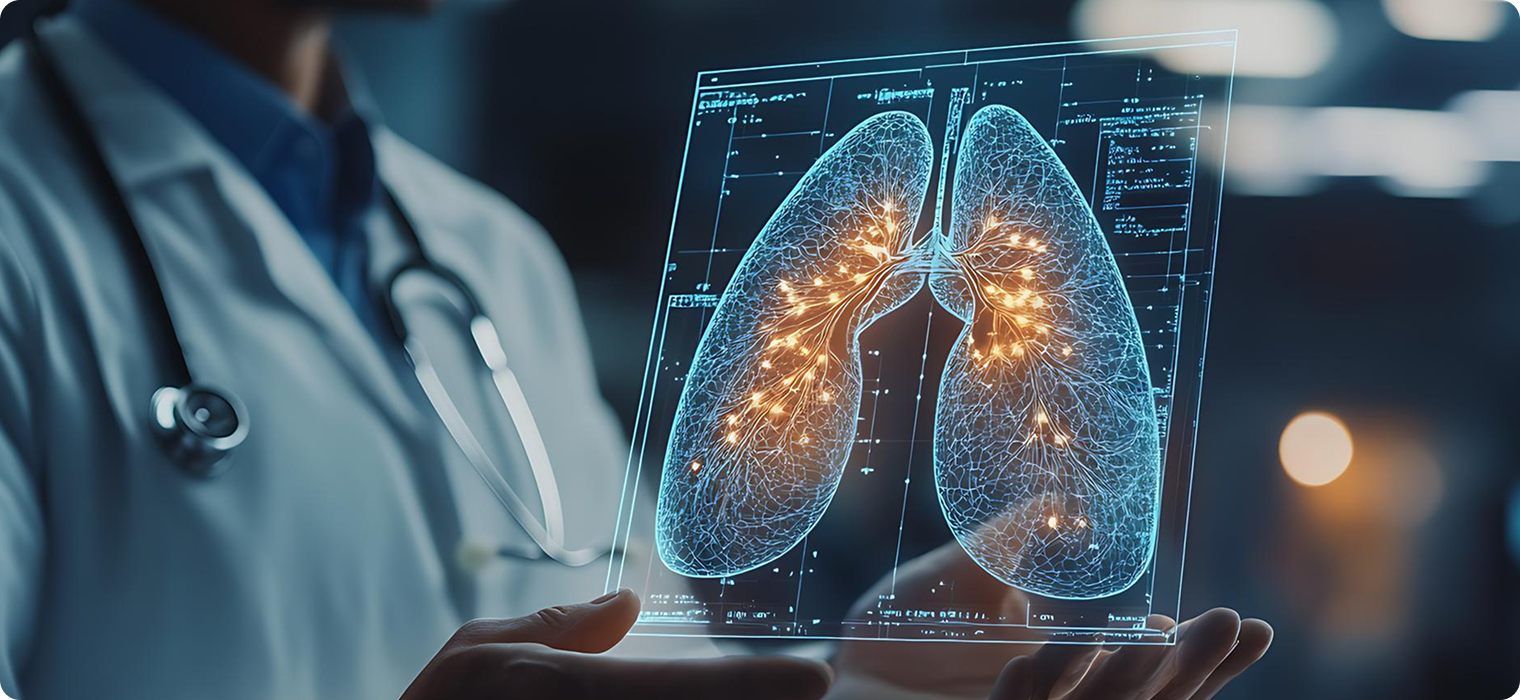 A doctor holding a transparent digital screen displaying a detailed 3D visualization of human lungs with highlighted neural or bronchial pathways.