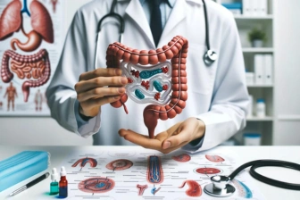 Doctor pointing at a digital image of the human digestive system showing stomach and intestines.
