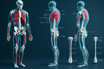 Doctor holding a clipboard and pointing at a digital model of the human spine and pelvis