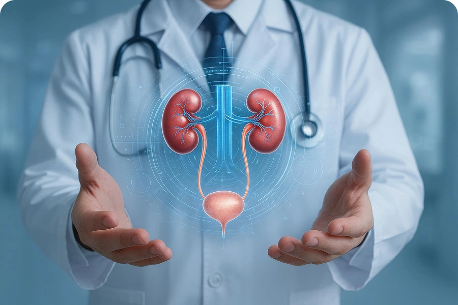 A doctor showing a urinary system anatomical model to a patient during a consultation.