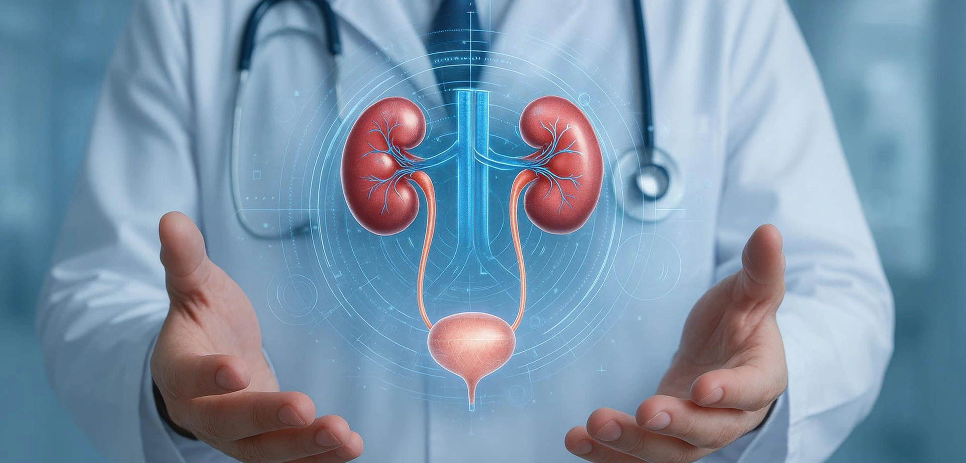 A doctor showing a urinary system anatomical model to a patient during a consultation.